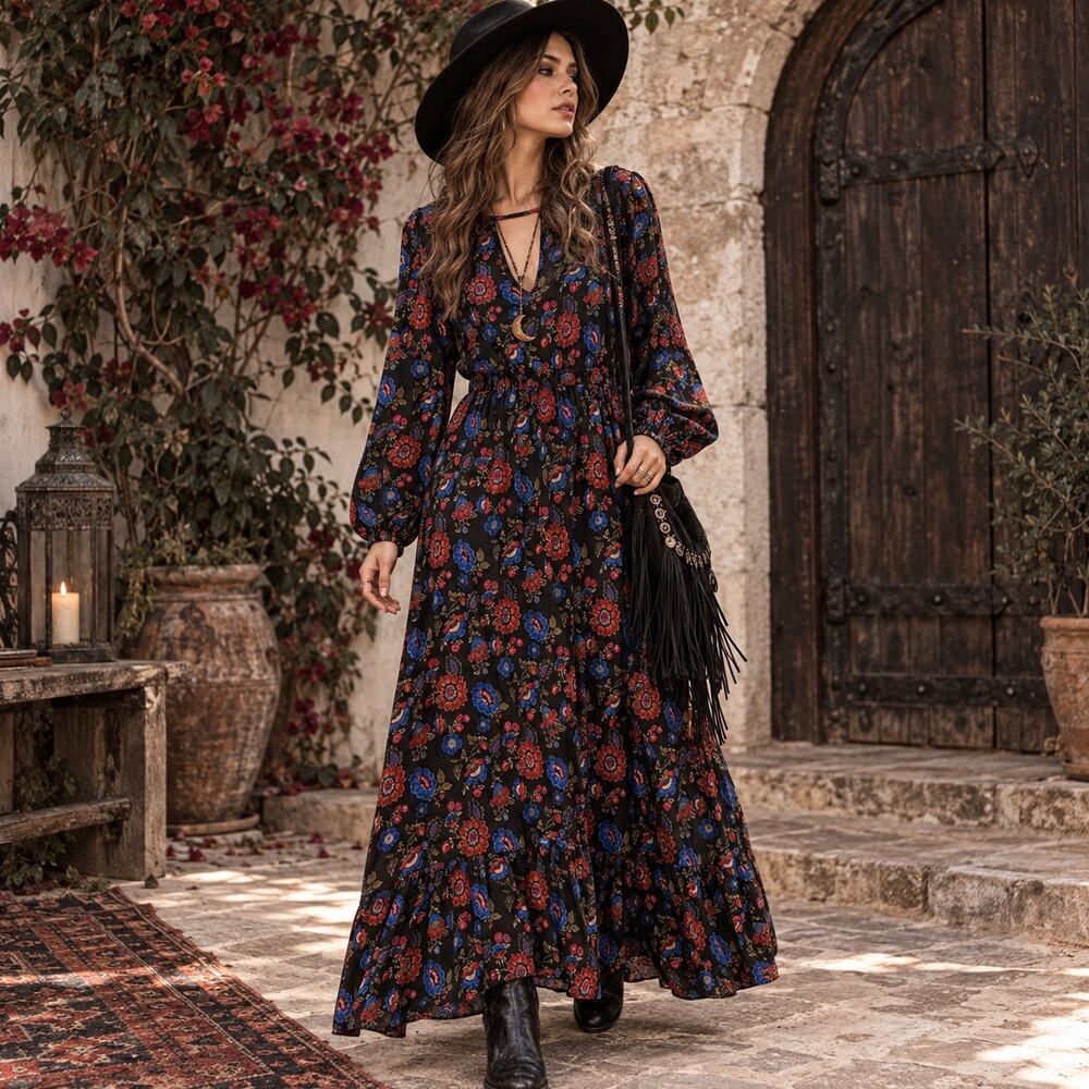 Forever 21 Boho Maxi Dress Sz M Whimsigoth Dark Romantic Festival Prairie Floral